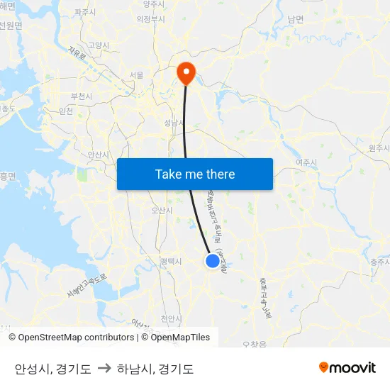 안성시, 경기도 to 하남시, 경기도 map