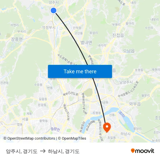 양주시, 경기도 to 하남시, 경기도 map