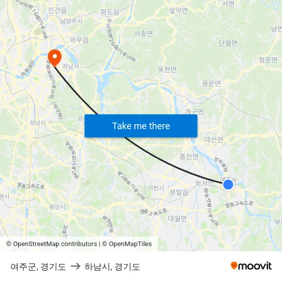 여주군, 경기도 to 하남시, 경기도 map