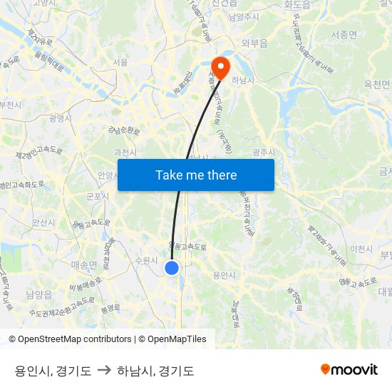 용인시, 경기도 to 하남시, 경기도 map