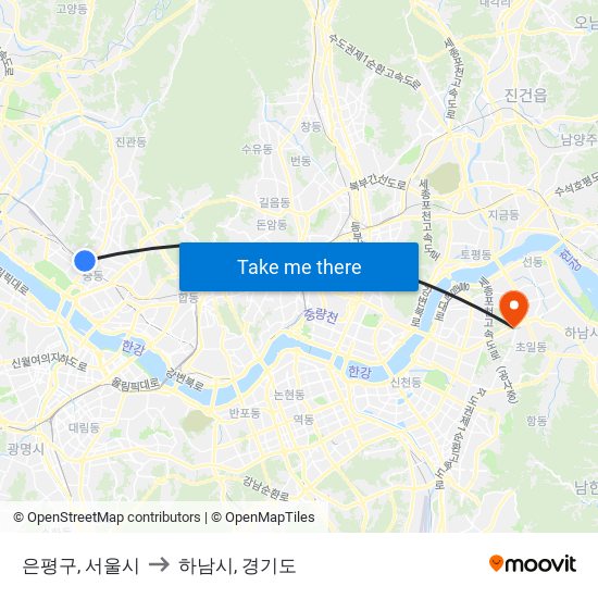 은평구, 서울시 to 하남시, 경기도 map