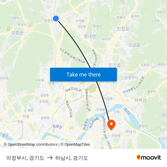 의정부시, 경기도 to 하남시, 경기도 map