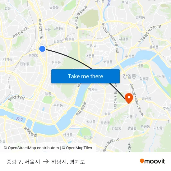 중랑구, 서울시 to 하남시, 경기도 map