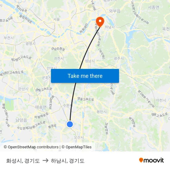 화성시, 경기도 to 하남시, 경기도 map