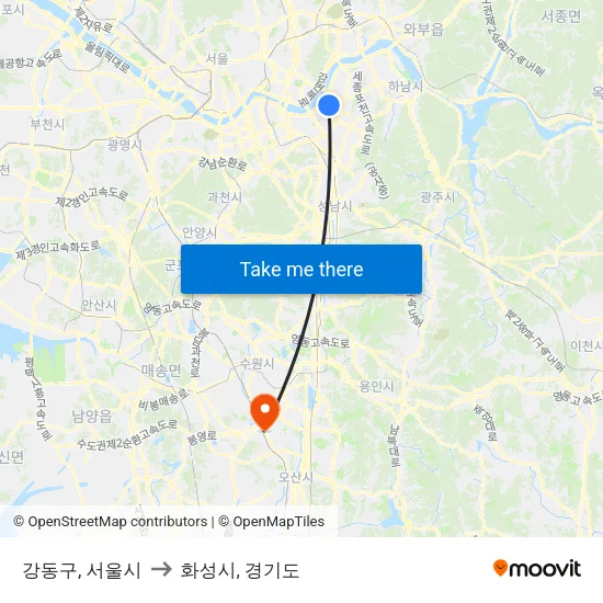 강동구, 서울시 to 화성시, 경기도 map