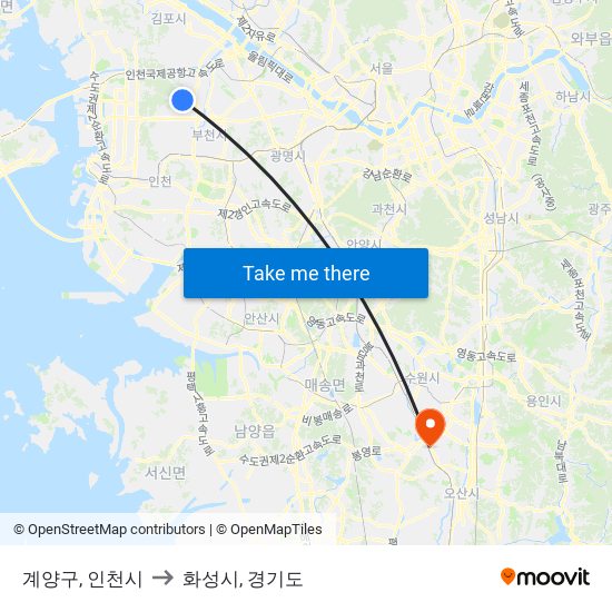 계양구, 인천시 to 화성시, 경기도 map