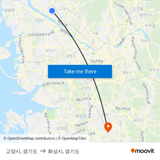 고양시, 경기도 to 화성시, 경기도 map
