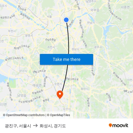 광진구, 서울시 to 화성시, 경기도 map