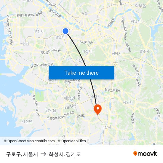구로구, 서울시 to 화성시, 경기도 map