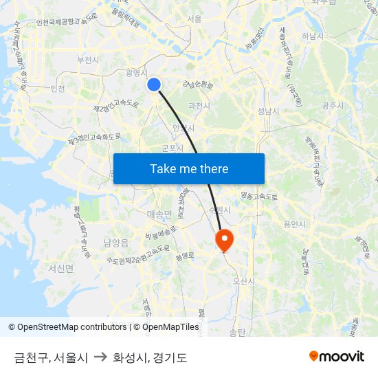 금천구, 서울시 to 화성시, 경기도 map