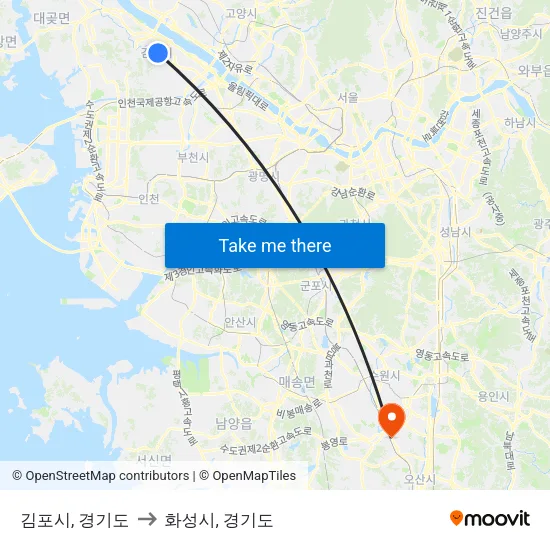 김포시, 경기도 to 화성시, 경기도 map