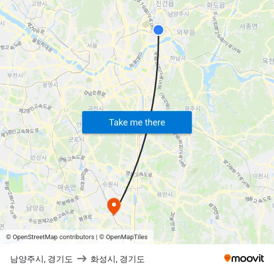 남양주시, 경기도 to 화성시, 경기도 map