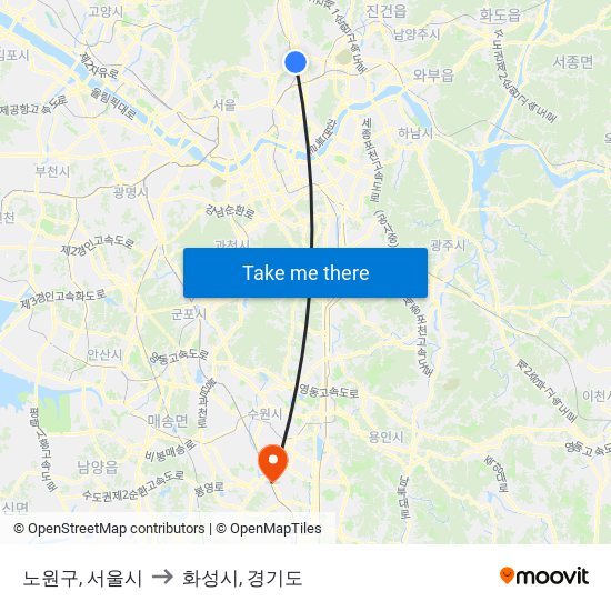 노원구, 서울시 to 화성시, 경기도 map