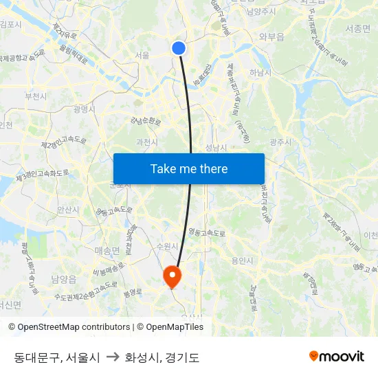 동대문구, 서울시 to 화성시, 경기도 map