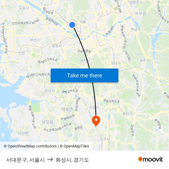 서대문구, 서울시 to 화성시, 경기도 map