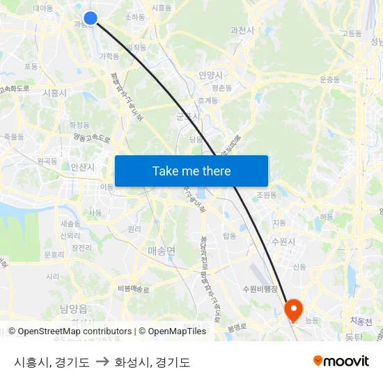 시흥시, 경기도 to 화성시, 경기도 map
