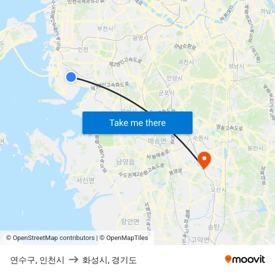 연수구, 인천시 to 화성시, 경기도 map