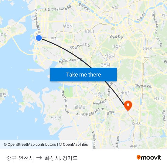 중구, 인천시 to 화성시, 경기도 map