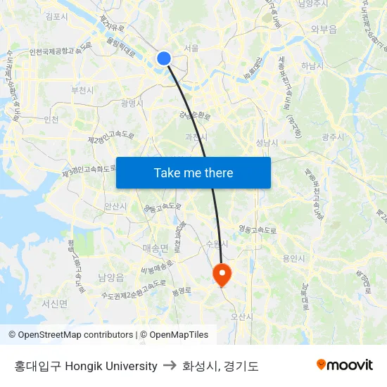 홍대입구 Hongik University to 화성시, 경기도 map
