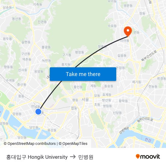 홍대입구 Hongik University to 민병원 map