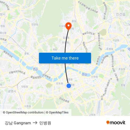 강남 Gangnam to 민병원 map