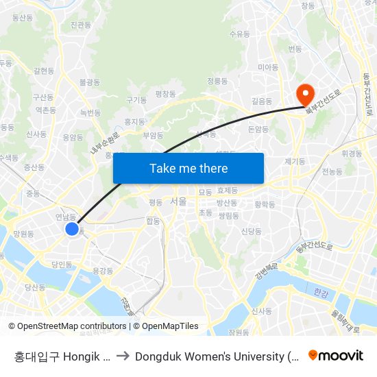 홍대입구 Hongik University to Dongduk Women's University (동덕여자대학교) map