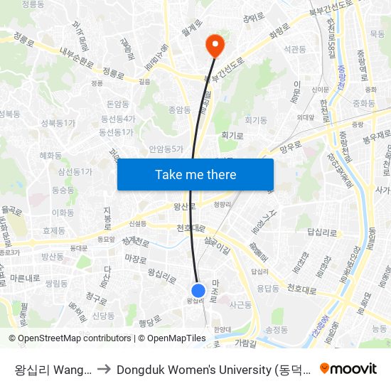 왕십리 Wangsimni to Dongduk Women's University (동덕여자대학교) map