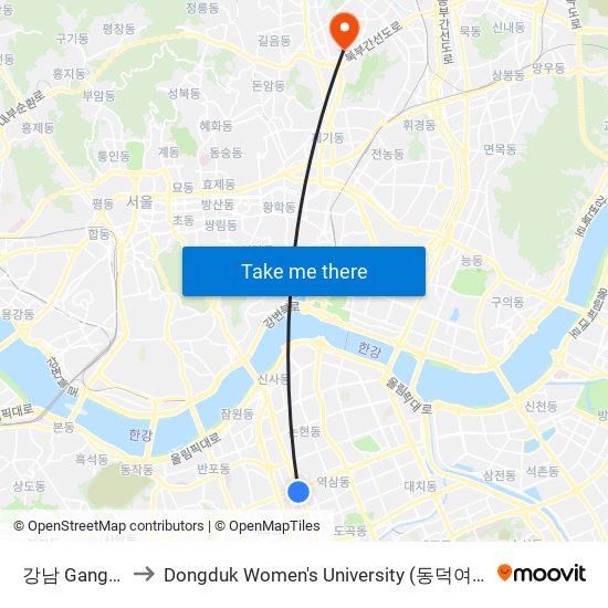 강남 Gangnam to Dongduk Women's University (동덕여자대학교) map