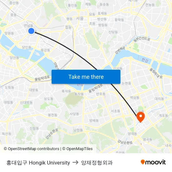 홍대입구 Hongik University to 양재정형외과 map