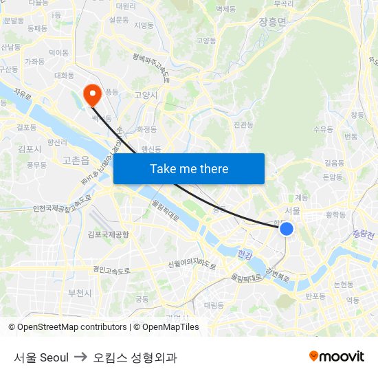 서울 Seoul to 오킴스 성형외과 map