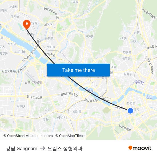 강남 Gangnam to 오킴스 성형외과 map