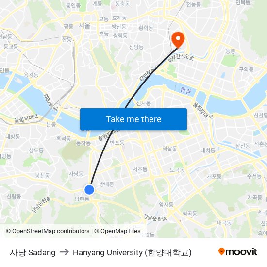 사당 Sadang to Hanyang University (한양대학교) map