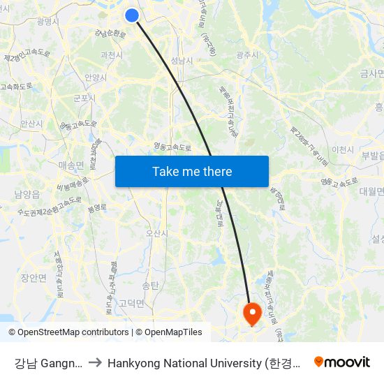 강남 Gangnam to Hankyong National University (한경대학교) map