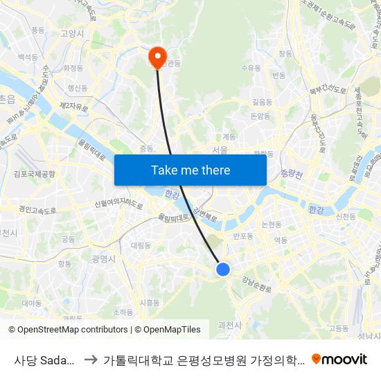 사당 Sadang to 가톨릭대학교 은평성모병원 가정의학과 map