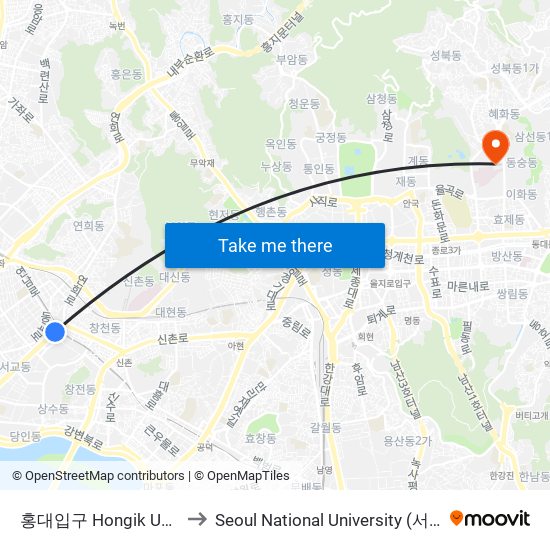 홍대입구 Hongik University to Seoul National University (서울대학교) map