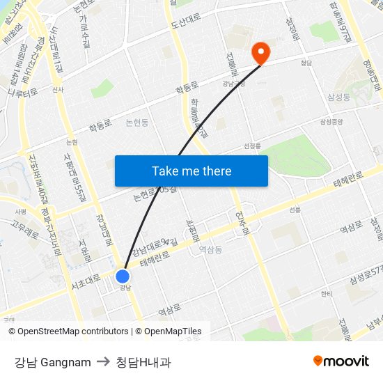 강남 Gangnam to 청담H내과 map