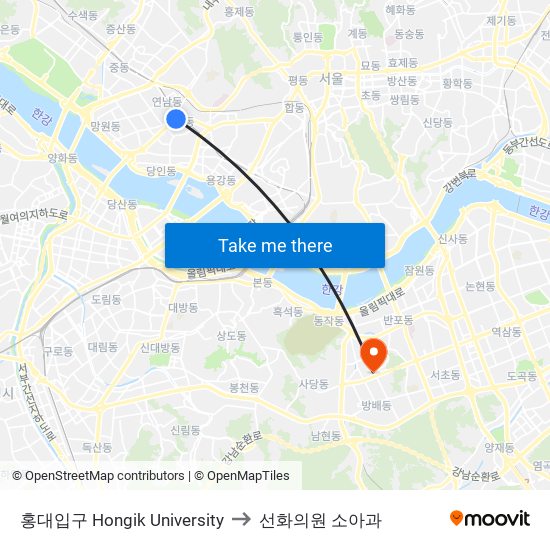 홍대입구 Hongik University to 선화의원 소아과 map