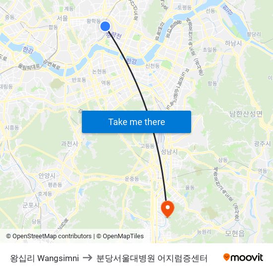 왕십리 Wangsimni to 분당서울대병원 어지럼증센터 map