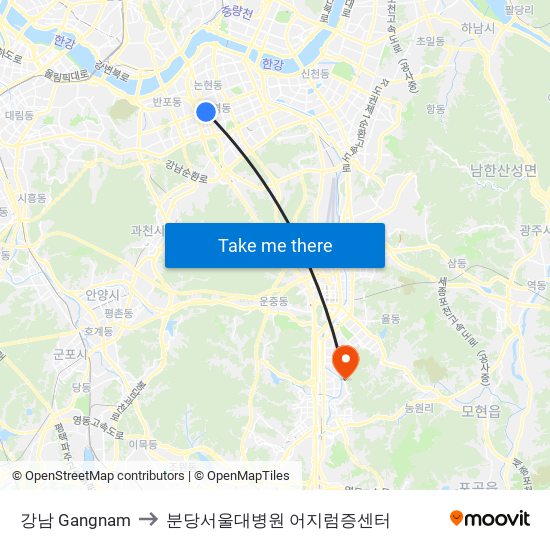 강남 Gangnam to 분당서울대병원 어지럼증센터 map