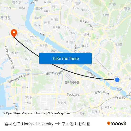 홍대입구 Hongik University to 구래경희한의원 map