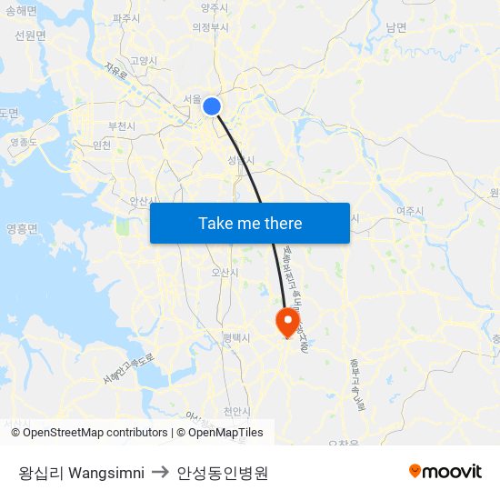 왕십리 Wangsimni to 안성동인병원 map