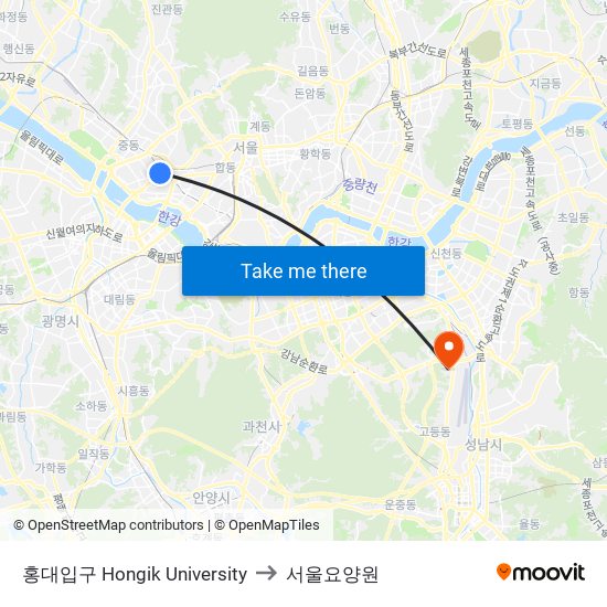 홍대입구 Hongik University to 서울요양원 map
