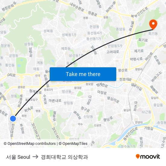 서울 Seoul to 경희대학교 의상학과 map