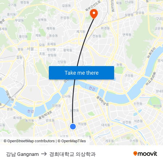 강남 Gangnam to 경희대학교 의상학과 map