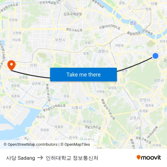 사당 Sadang to 인하대학교 정보통신처 map