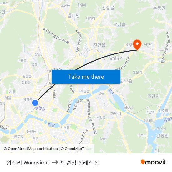 왕십리 Wangsimni to 백련장 장례식장 map