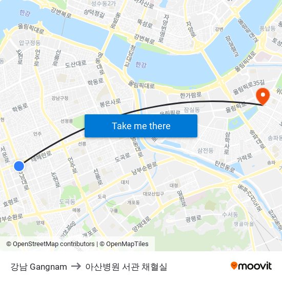 강남 Gangnam to 아산병원 서관 채혈실 map