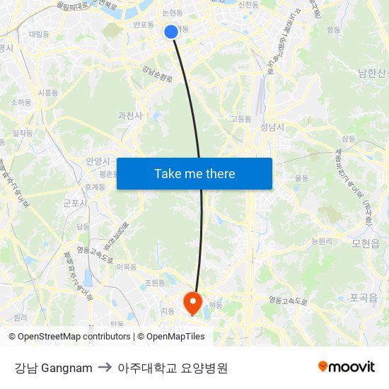 강남 Gangnam to 아주대학교 요양병원 map