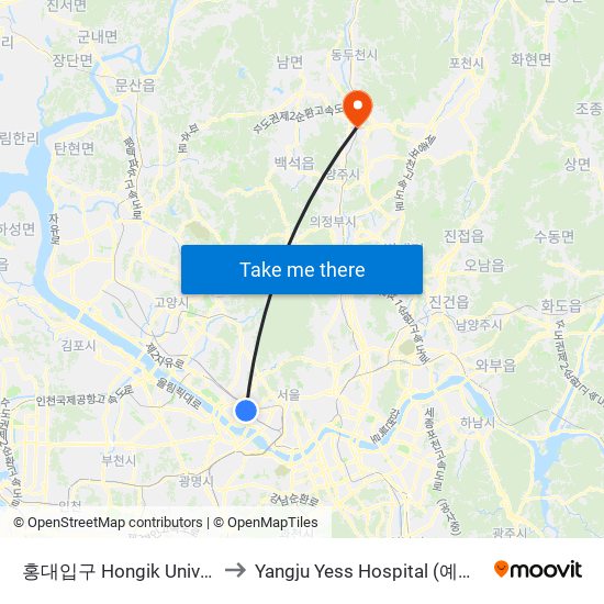 홍대입구 Hongik University to Yangju Yess Hospital (예쓰병원) map