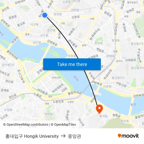 홍대입구 Hongik University to 중앙관 map